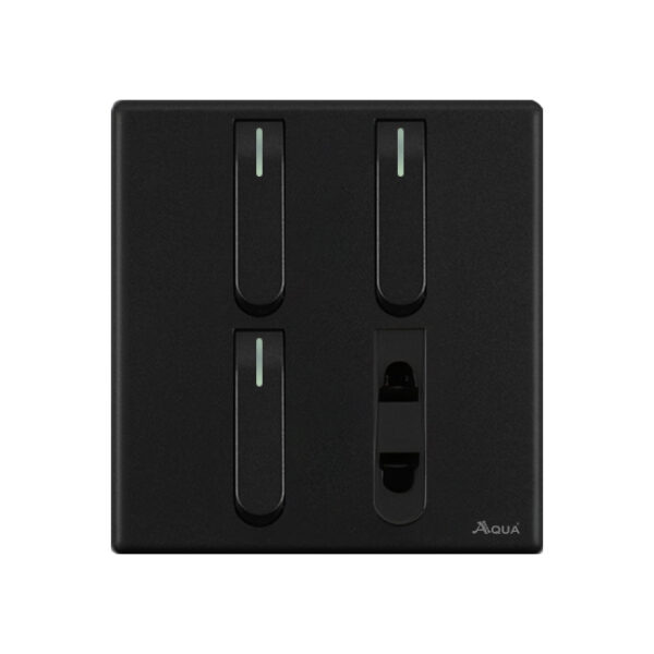 AQUA NEO SUPER BLACK 3 GANG SWITCH + 1 SOCKET