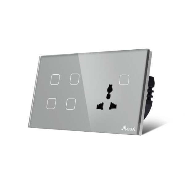 Glass Wifi Smart 4 Gang Switch Plus Multi Socket Grey