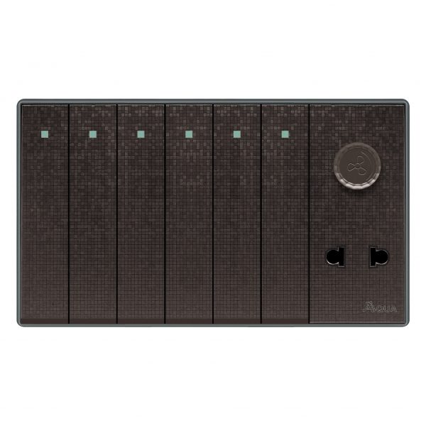 Aqua Icon Brown 6 Gang Switch Plus 1 Socket Plus 1 Dimmer