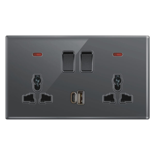 Aqua Glasskin Grey Double Multi-Function Socket + USB + Type-C