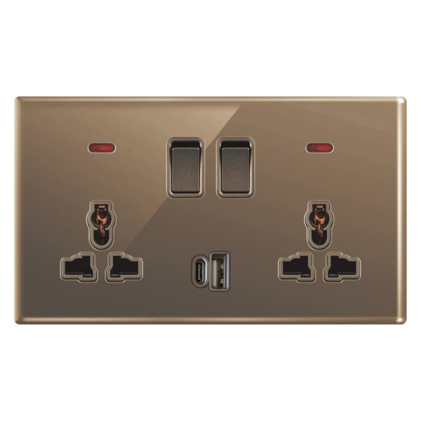 Aqua Glasskin Bronze Double Multi-Function Socket + USB + Type-C
