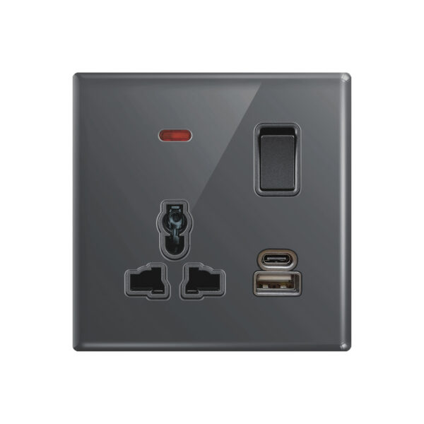 Aqua Glasskin Grey Multi-Function Socket + USB + Type-C